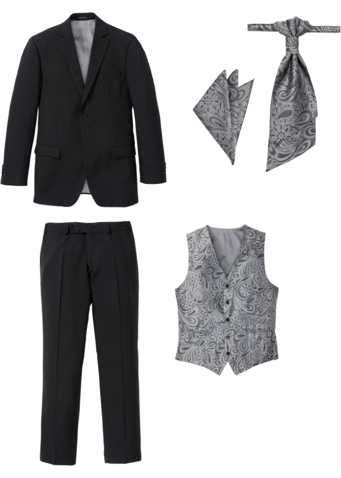 Anzug (5-tlg. Set): Sakko, Hose, Weste, Plastron, Einstecktuch in schwarz von vorne - bpc selection