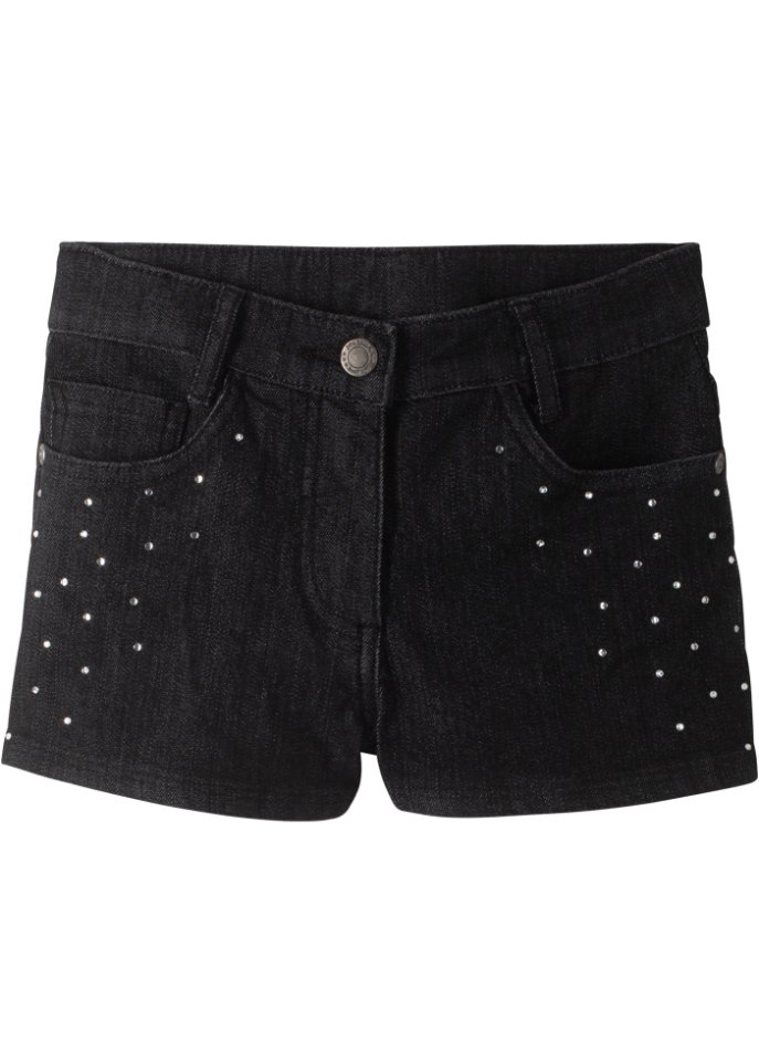 Mädchen Jeans-Shorts mit Glitzersteinen in schwarz von vorne - John Baner JEANSWEAR