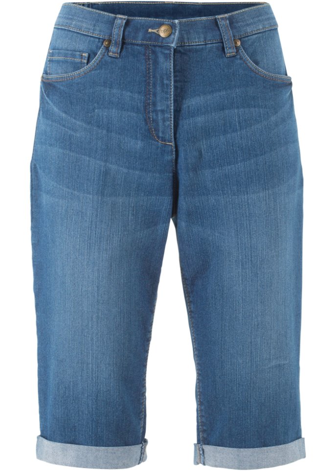 Stretch-Jeans-Bermuda mit gekrempeltem Saum in blau von vorne - bpc bonprix collection