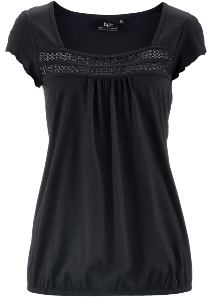 Baumwoll-Shirt mit Spitze, Kurzarm in schwarz von vorne - bpc bonprix collection