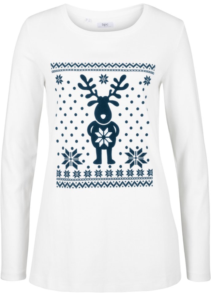 Baumwoll-Langarmshirt mit Weihnachtsmotiv in weiß von vorne - bpc bonprix collection