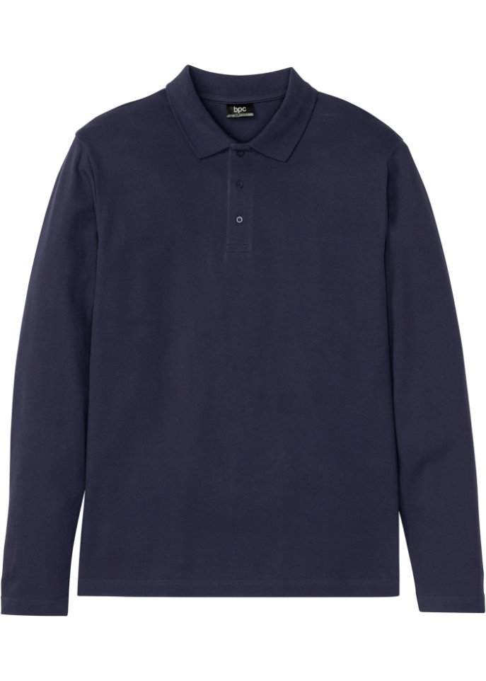 Piqué-Poloshirt, Langarm in blau von vorne - bpc bonprix collection