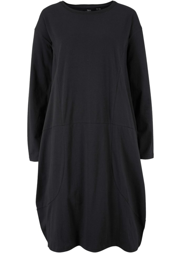 Knieumspielendes O-förmiges Baumwoll-Shirtkleid mit Taschen aus Web, langarm in schwarz von vorne - bpc bonprix collection