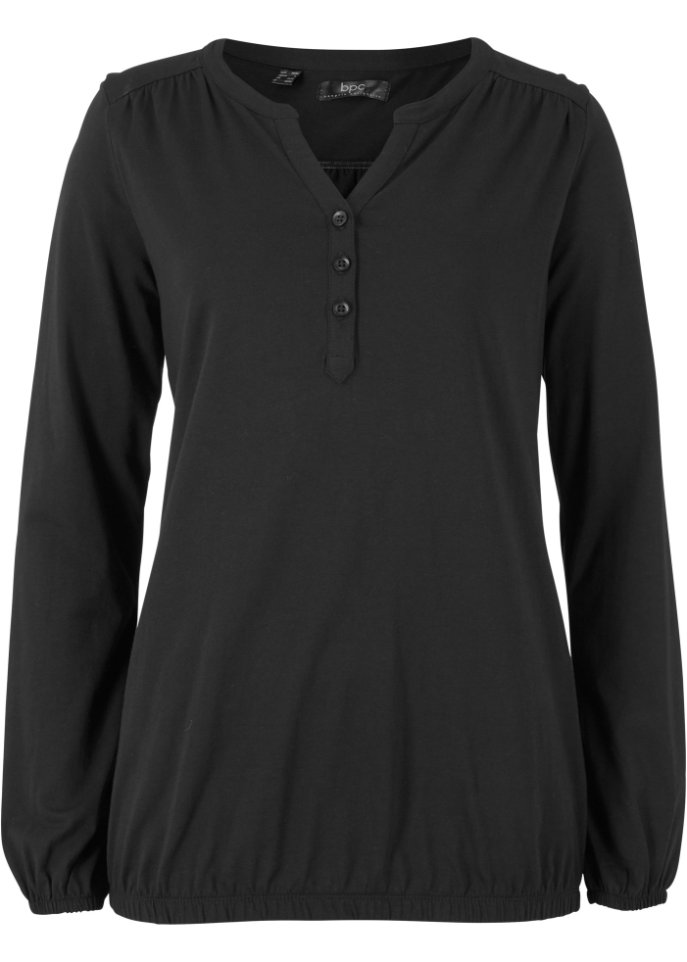 Langarmshirt mit Henleykragen aus Baumwolle in schwarz von vorne - bpc bonprix collection