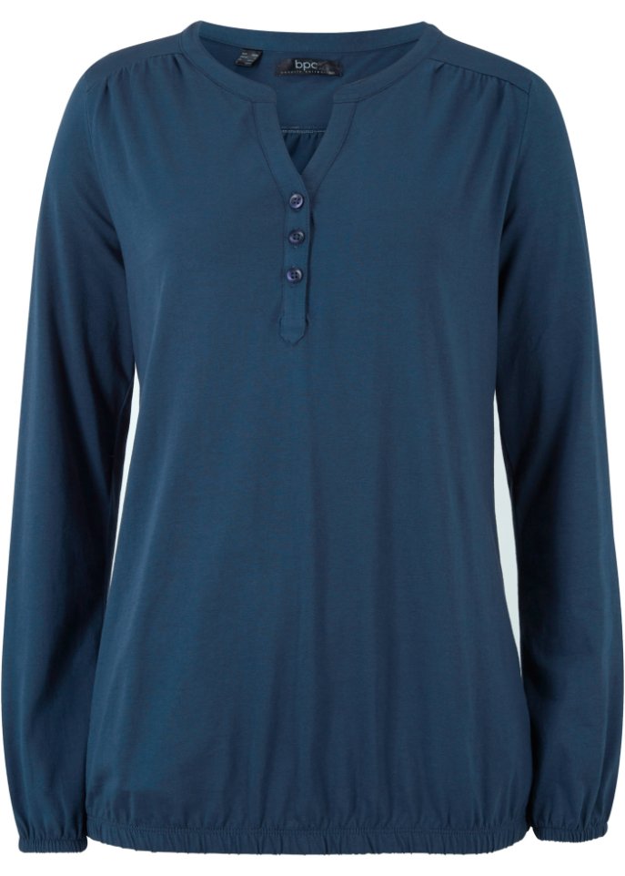 Langarmshirt mit Henleykragen aus Baumwolle in blau von vorne - bpc bonprix collection
