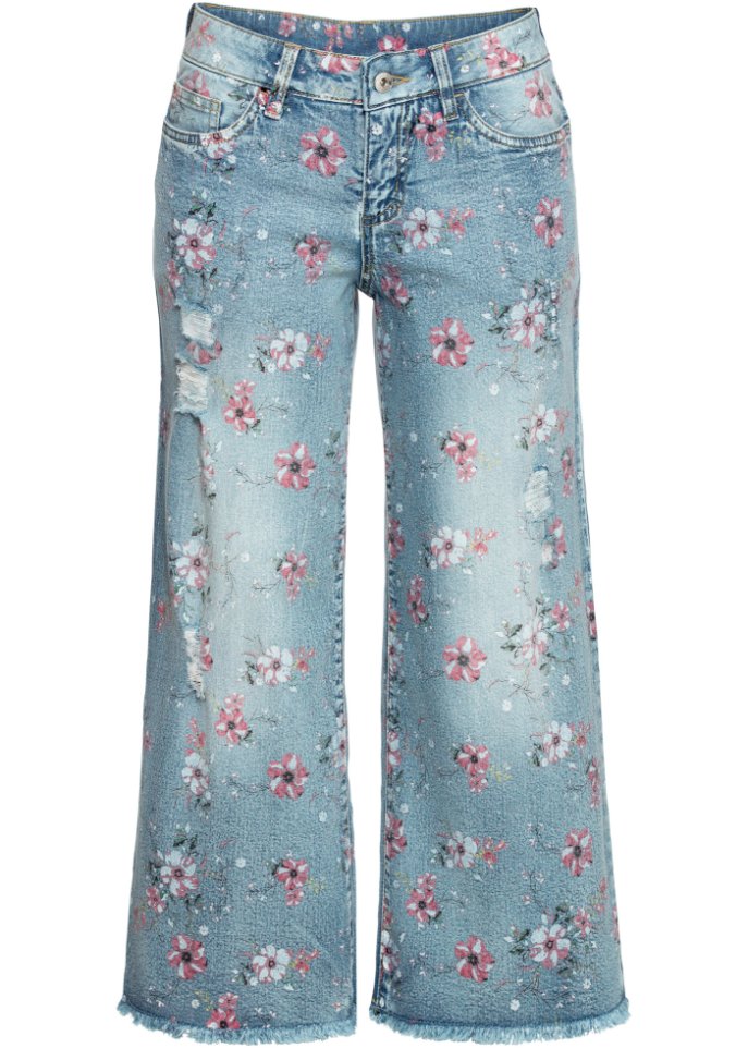 Culotte-Jeans mit Blumenprint in blau von vorne - RAINBOW