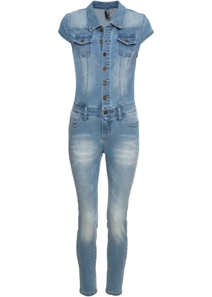Jeans-Jumpsuit mit Knöpfen in blau von vorne - RAINBOW