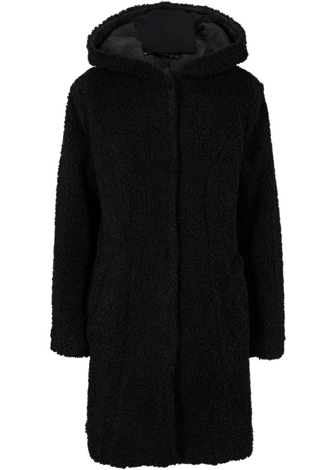 Teddy-Jacke mit Kapuze in schwarz von vorne - bpc bonprix collection