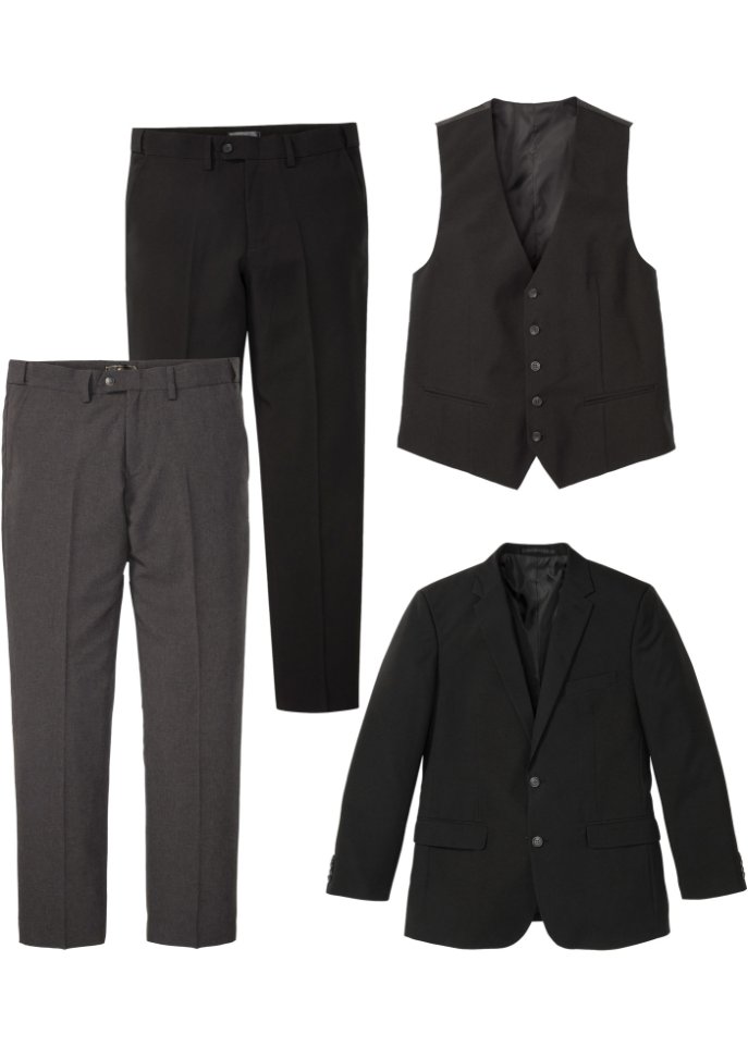 Anzug (4-tlg.Set): Sakko, 2 Hosen, Weste in schwarz von vorne - bpc selection