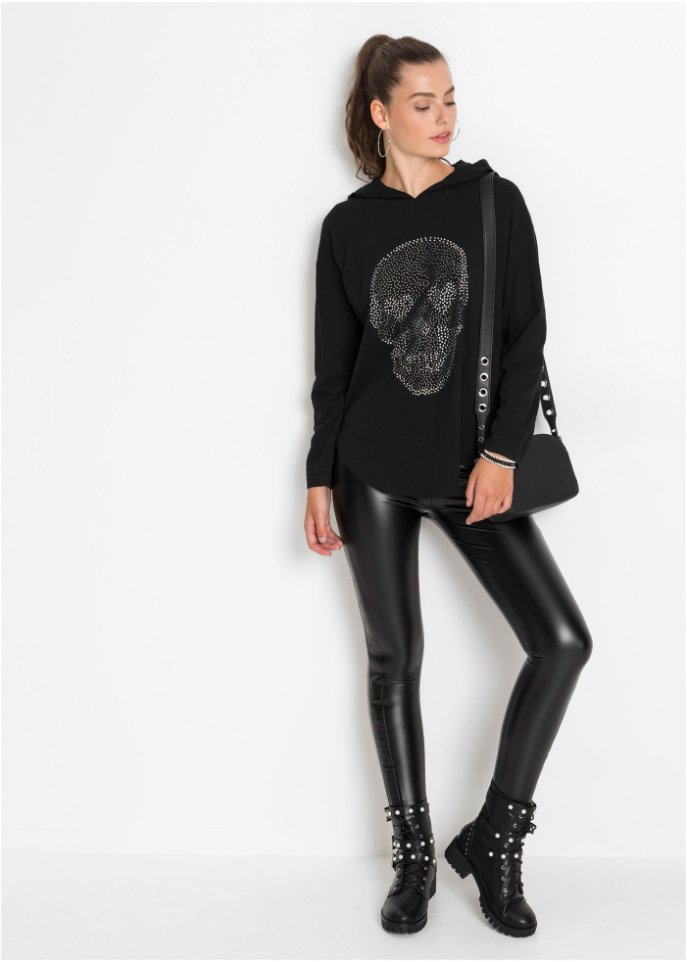 Rockiges Longshirt mit Nieten in Totenkopf-Form - schwarz - Damen