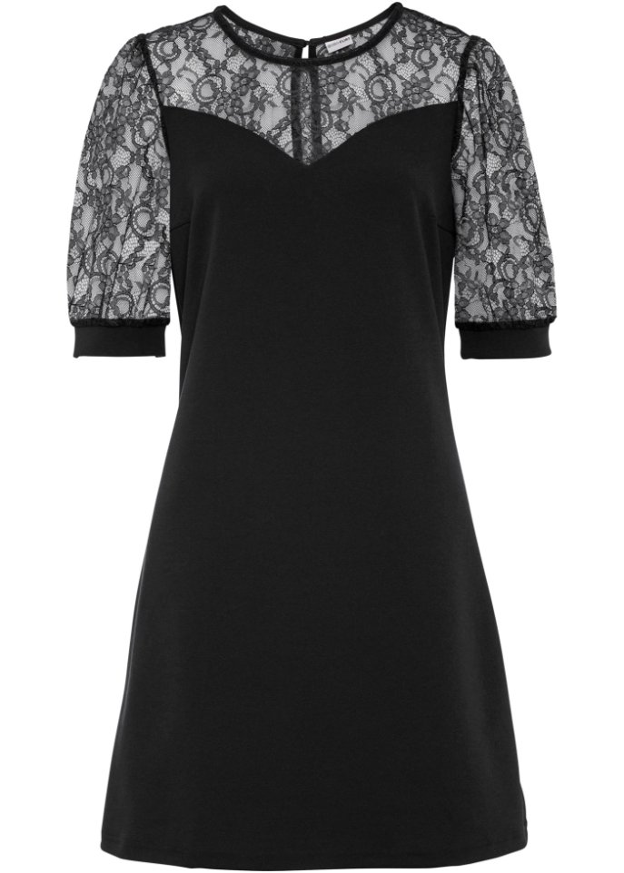 Kleid mit Spitzeneinsatz in schwarz von vorne - BODYFLIRT