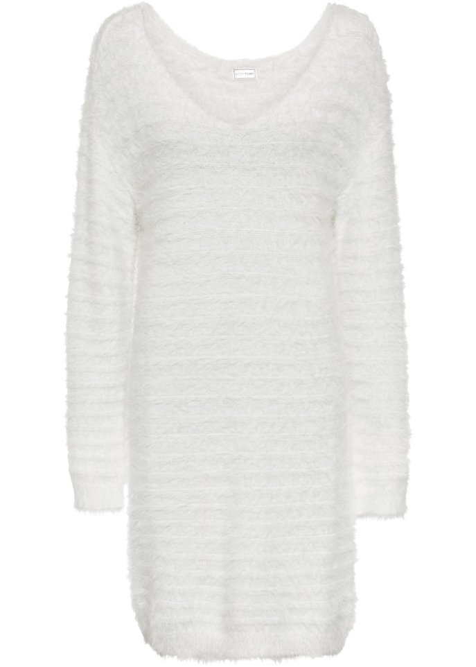 Flauschiger Long-Pullover in weiß von vorne - BODYFLIRT