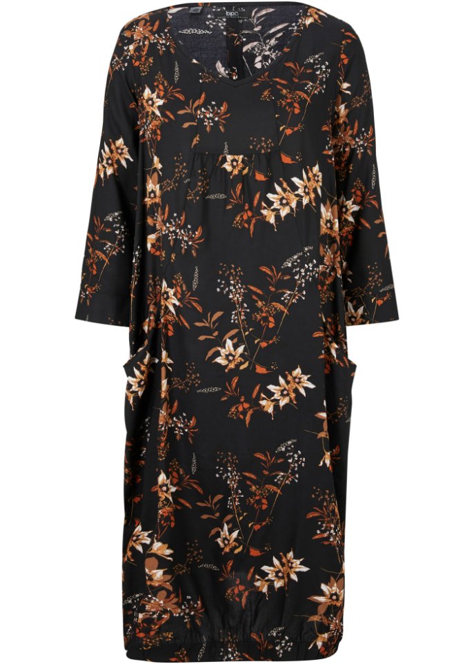 Viskose-Web-Kleid mit Taschen in O-Form, kniebedeckend in schwarz von vorne - bpc bonprix collection