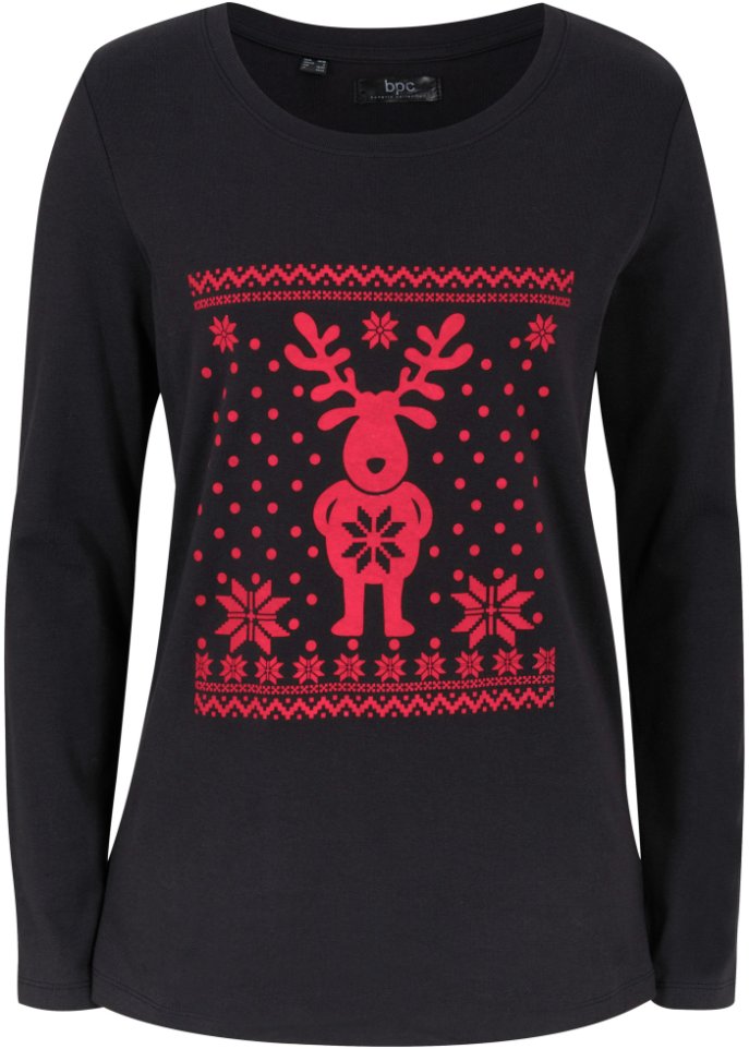 Baumwoll-Langarmshirt mit Weihnachtsmotiv in schwarz von vorne - bpc bonprix collection