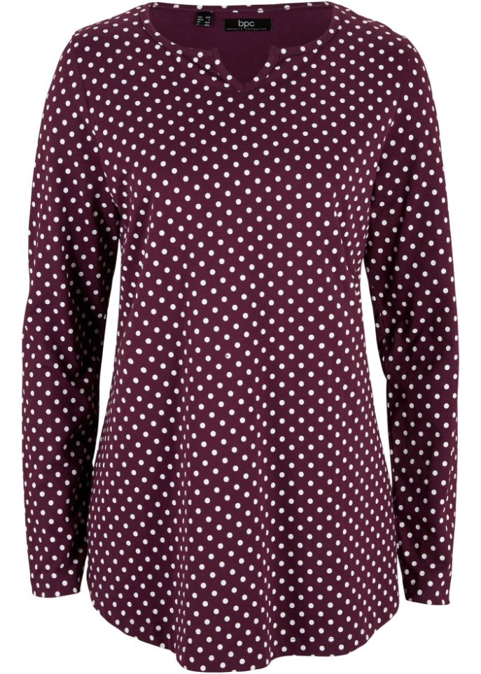 Gepunktetes Baumwoll-Langarmshirt mit Seitenschlitzen in lila von vorne - bpc bonprix collection