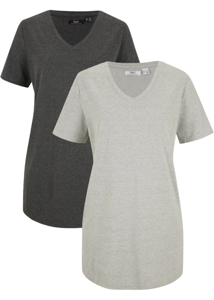 Basic Long-Shirt mit V-Ausschnitt und Kurzarm, 2er Pack in grau von vorne - bpc bonprix collection