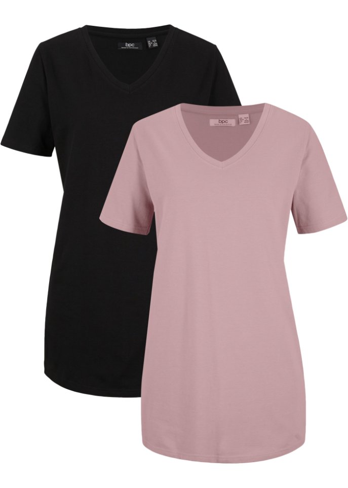 Basic Long-Shirt mit V-Ausschnitt und Kurzarm, 2er Pack in schwarz von vorne - bpc bonprix collection
