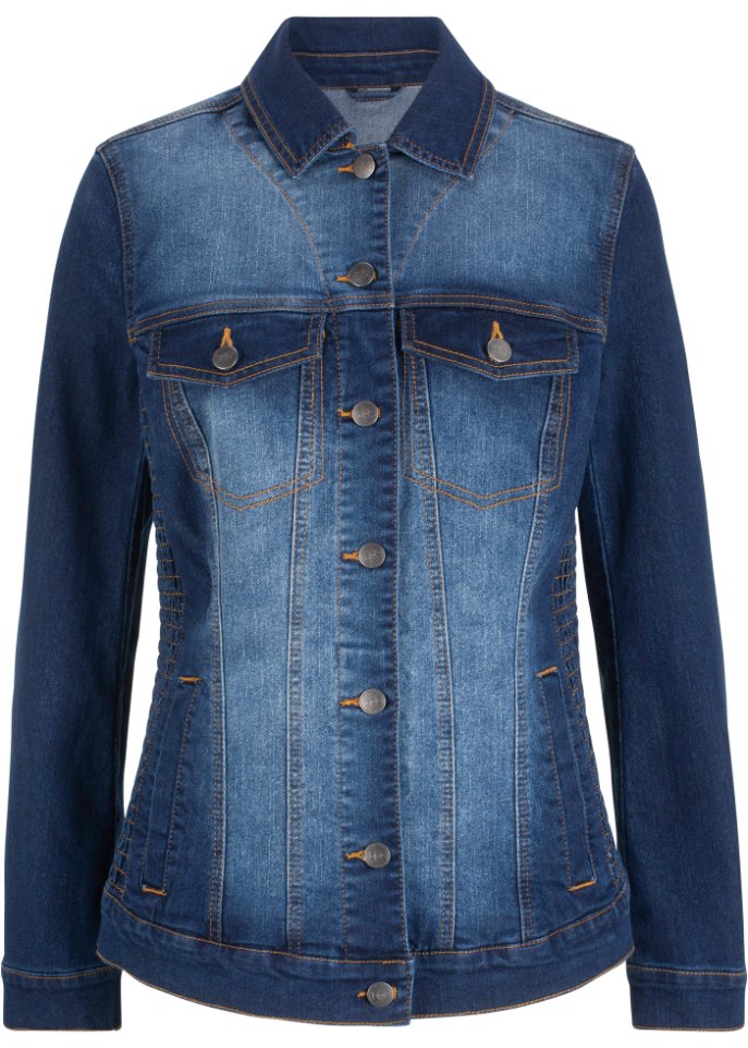 Jeansjacke mit seitlichem Smokeinsatz in blau von vorne - bpc bonprix collection
