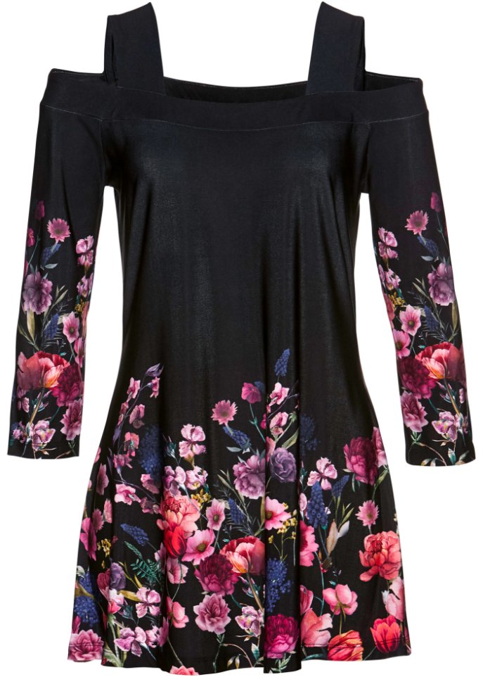 Cold-Shoulder-Shirt mit floralem Druck in schwarz von vorne - bpc selection