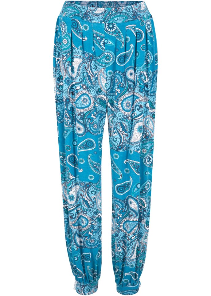 Bedruckte Jersey-Haremshose mit gesmoktem Bequembund in blau von vorne - bpc bonprix collection