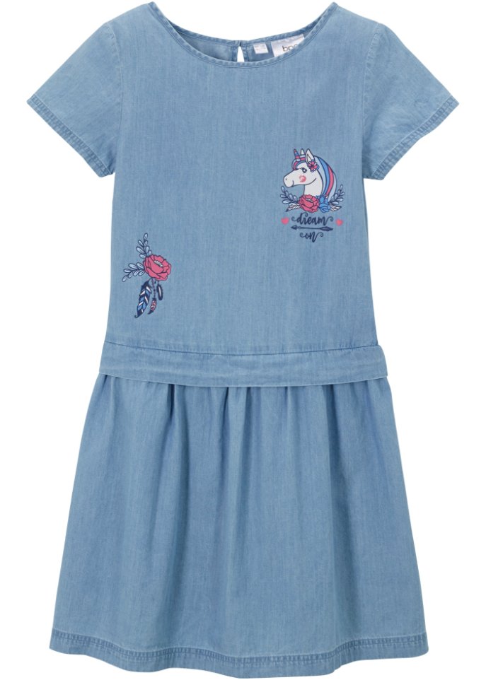 Mädchen Jeans-Kleid in blau von vorne - bpc bonprix collection