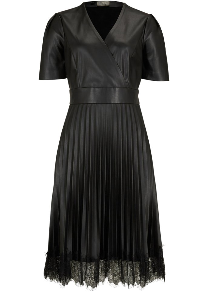 Lederimitat-Kleid mit Spitze in schwarz von vorne - bpc selection