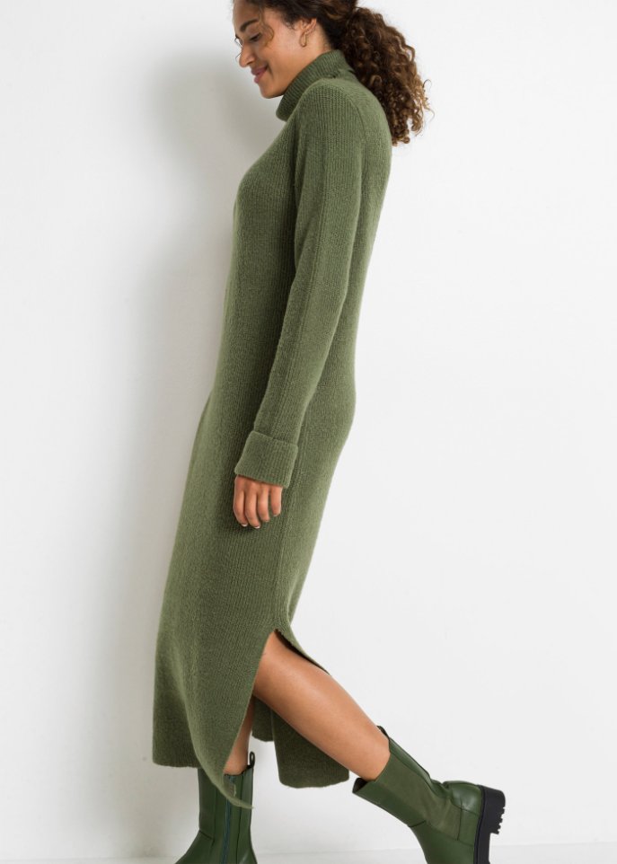 feinem Schlitz Trendy aus | mit Strick grün - Kleid bonprix
