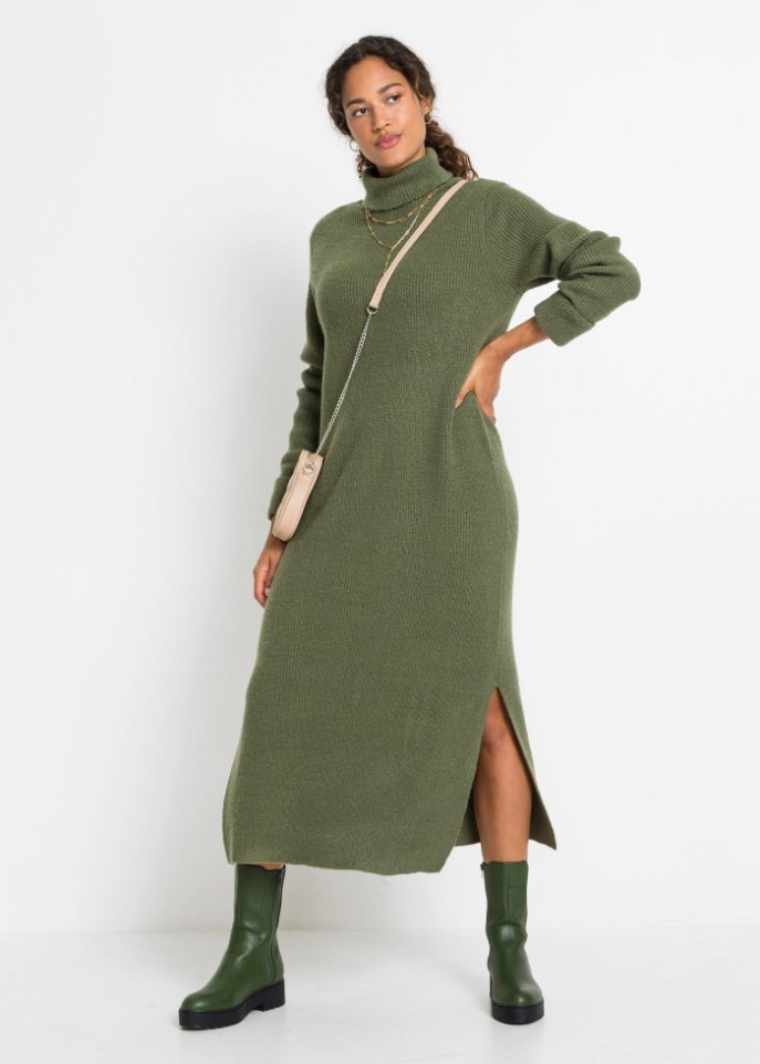 - bonprix Schlitz Kleid aus grün Trendy feinem mit Strick |