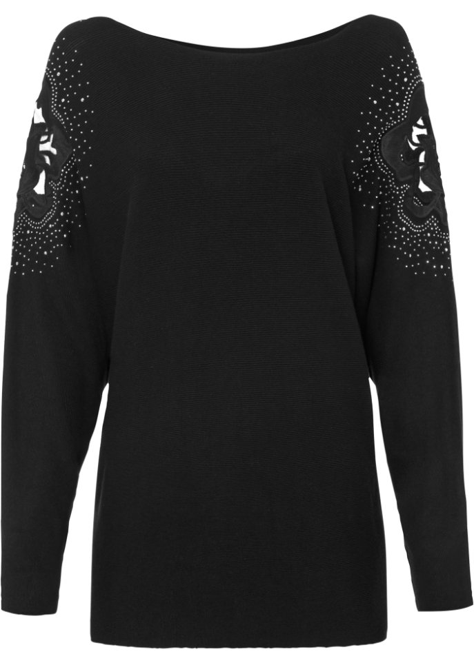 Ripp-Pullover mit Steinchen in schwarz von vorne - BODYFLIRT