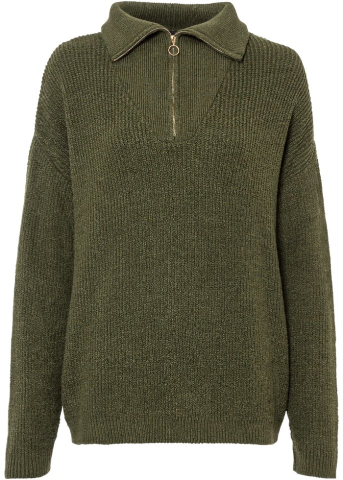 Pullover mit Reißverschluss in grün von vorne - BODYFLIRT