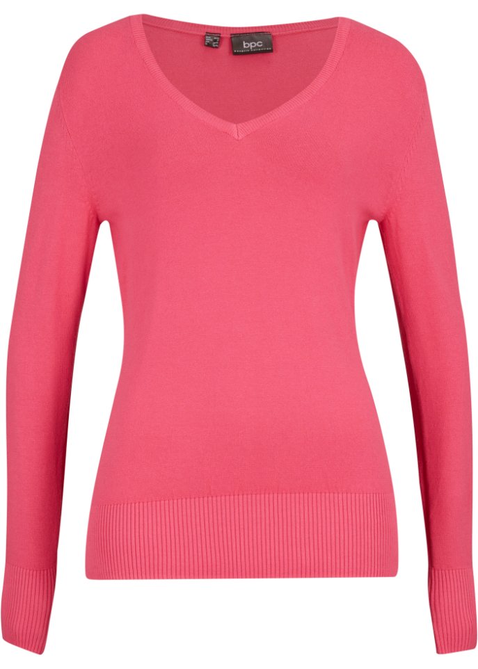Feinstrick-Pullover mit V-Ausschnitt in pink von vorne - bpc bonprix collection