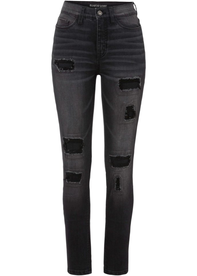 Skinny-Jeans mit Destroy-Effekten in schwarz von vorne - RAINBOW