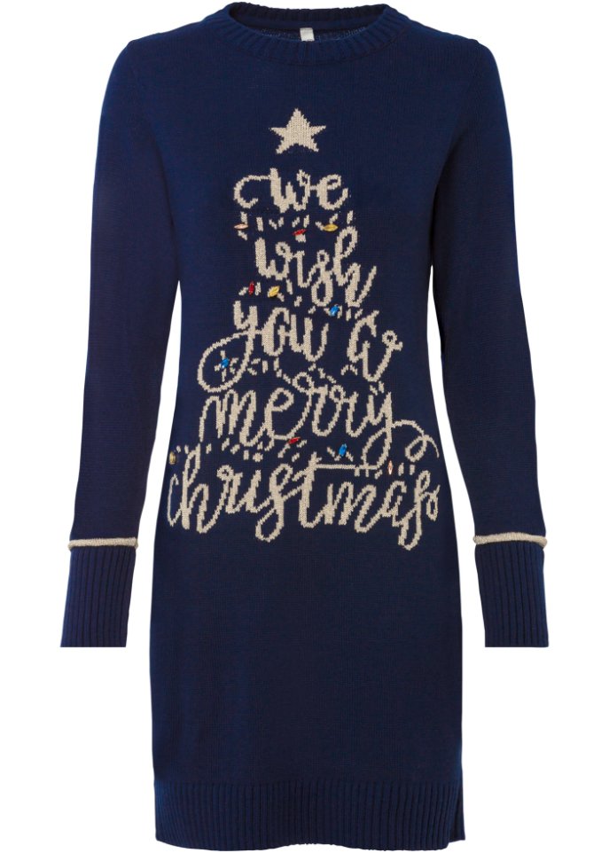 Strickkleid mit Weihnachtsmotiv in blau von vorne - BODYFLIRT boutique