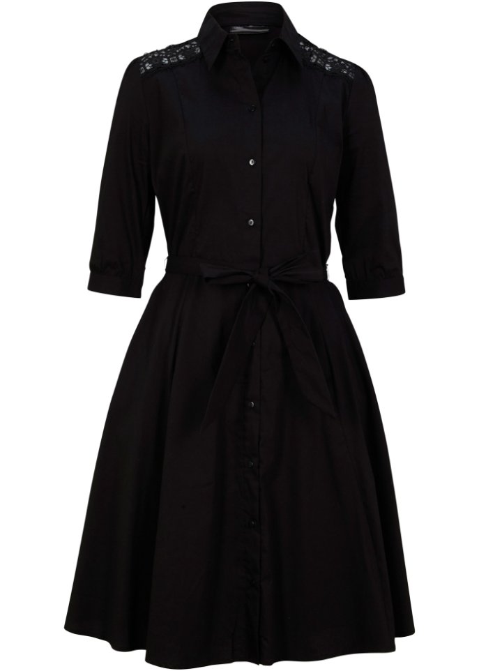 Hemdblusenkleid mit Spitze und Bindeband in schwarz von vorne - bpc selection