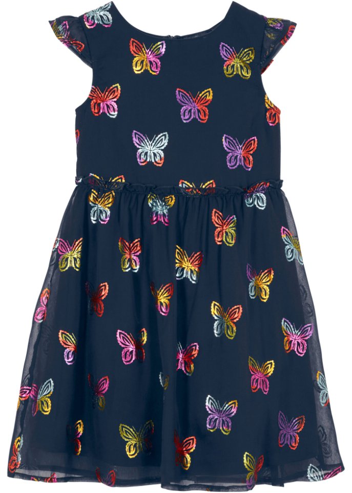 Festliches Mädchen Chiffon-Kleid mit Schmetterlingsdruck in blau von vorne - bpc bonprix collection