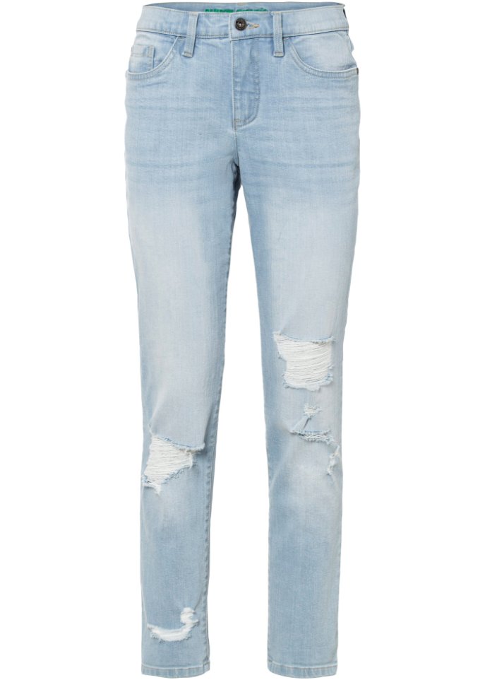 Mom Jeans mit Destroy-Effekten aus Bio-Baumwolle in blau von vorne - RAINBOW