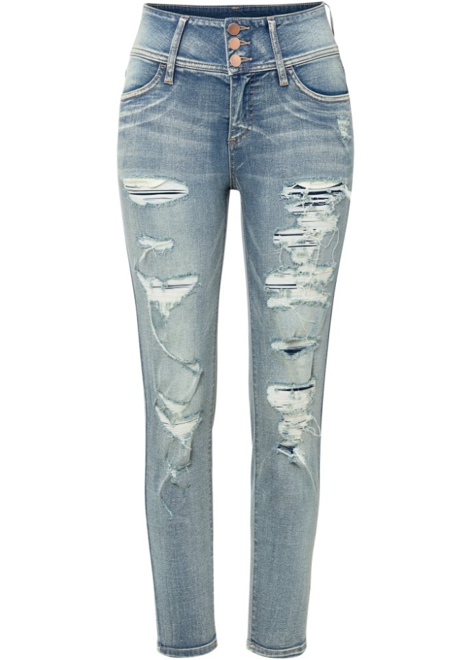 Highwaist Skinny-Jeans mit Destroy-Effekten in blau von vorne - RAINBOW