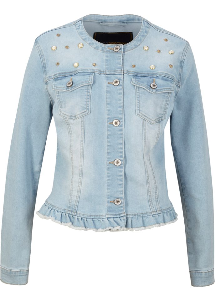 Jeansjacke mit Perlenapplikation in blau von vorne - bpc selection premium