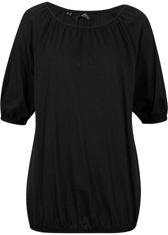 Shirt mit Gummibund am Saum aus Bio-Baumwolle, kurzarm in schwarz von vorne - bpc bonprix collection