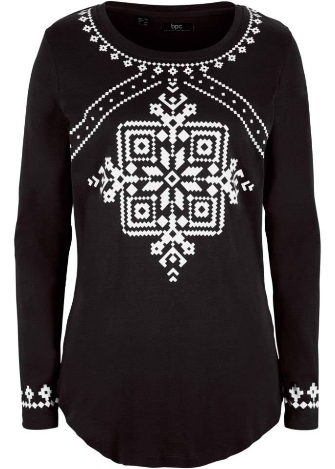 Baumwollripp-Langarmshirt mit Norwegermotiv in schwarz von vorne - bpc bonprix collection