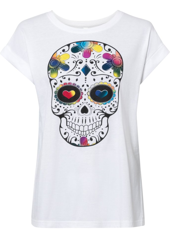 Rockiges T-Shirt mit Totenkopf-Druck - weiß - Damen