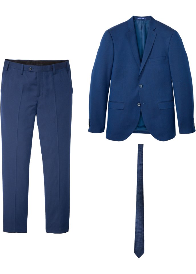Anzug (3-tlg.Set): Sakko, Hose, Krawatte Slim Fit in blau von vorne - bpc selection