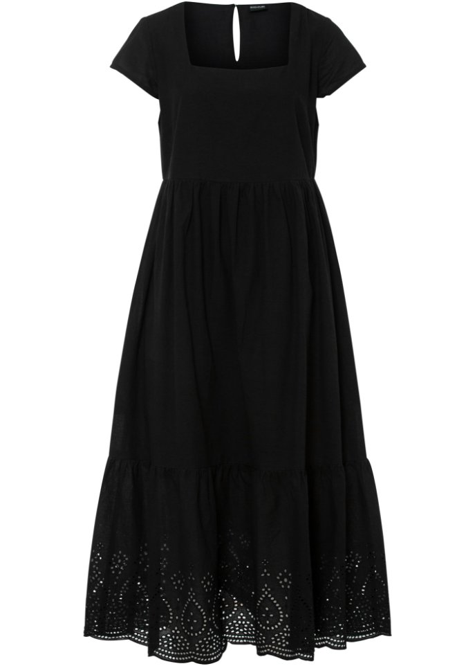 Midi-Kleid mit Lochstickerei in schwarz von vorne - BODYFLIRT