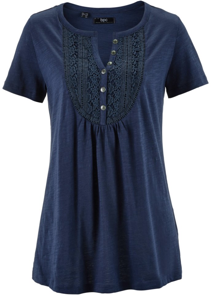 Baumwoll Flammgarn-Shirt, Kurzarm in blau von vorne - bpc bonprix collection
