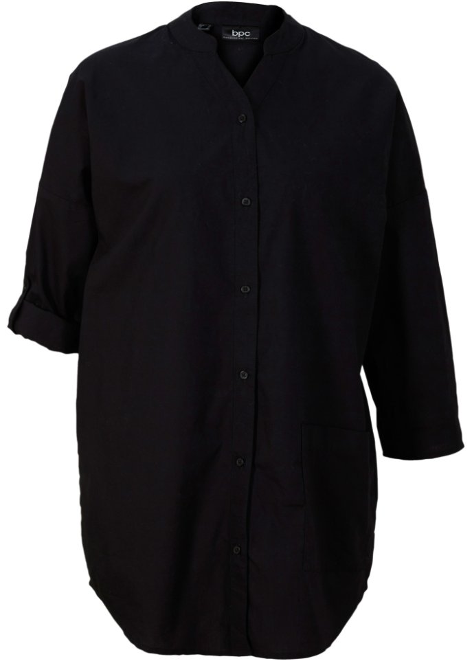 Popeline Bluse mit Tasche mit Turn-Up Ärmel in schwarz von vorne - bpc bonprix collection