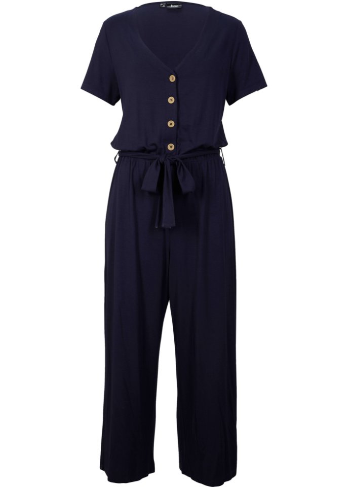 Jersey-Jumpsuit mit V-Ausschnitt, kurzarm in blau von vorne - bpc bonprix collection