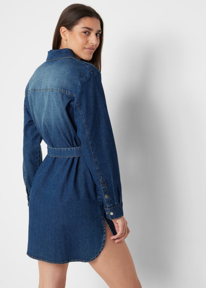 Modisches Jeanskleid mit Gürtel und langen Ärmeln - blau - Damen