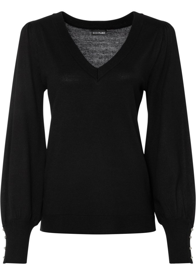 Pullover mit Schmuckknöpfen in schwarz von vorne - BODYFLIRT