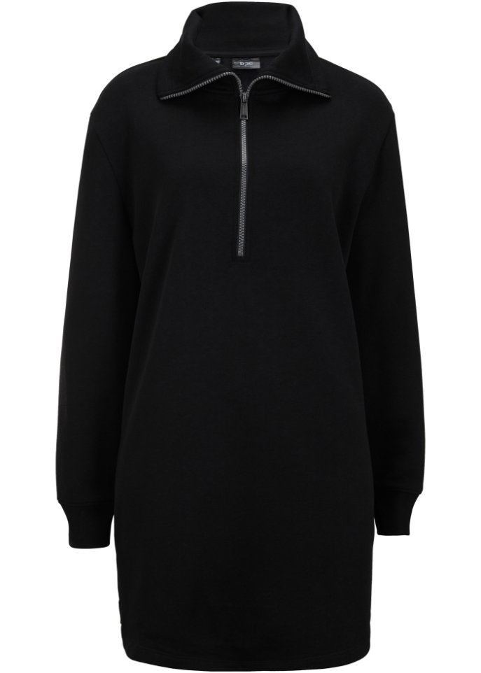 Long-Sweatshirt-Troyer mit recyceltem Polyester und langem Schlitz in schwarz von vorne - bpc bonprix collection