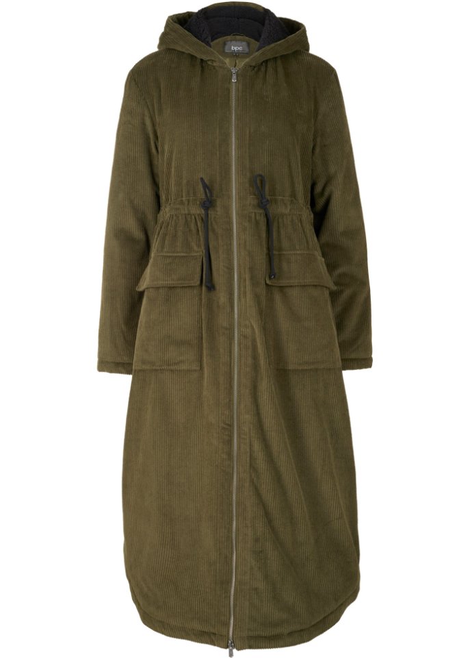 Weit geschnittener Cord-Mantel mit Teddy-Fleece Kapuze, Tunnelzug und  großen Taschen in grün von vorne - bpc bonprix collection